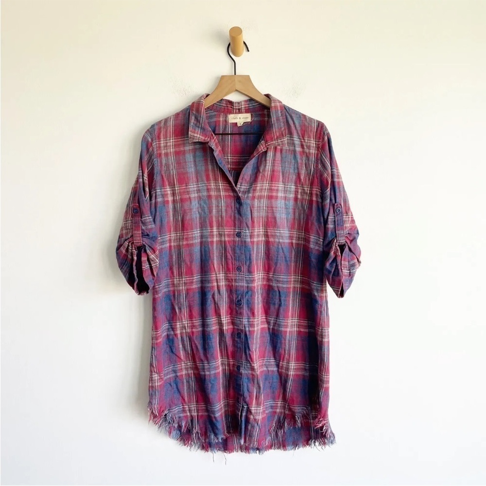 Cloth & Stone Women's Plaid Flannel Tunic Raw Hem Dress Red Blue Size Small